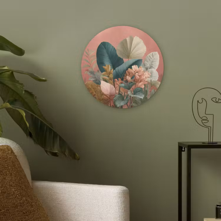 Tropische bladeren - Bloemen - Roze - groen Akoestische PET Vilt - Rond klein -sfeer2