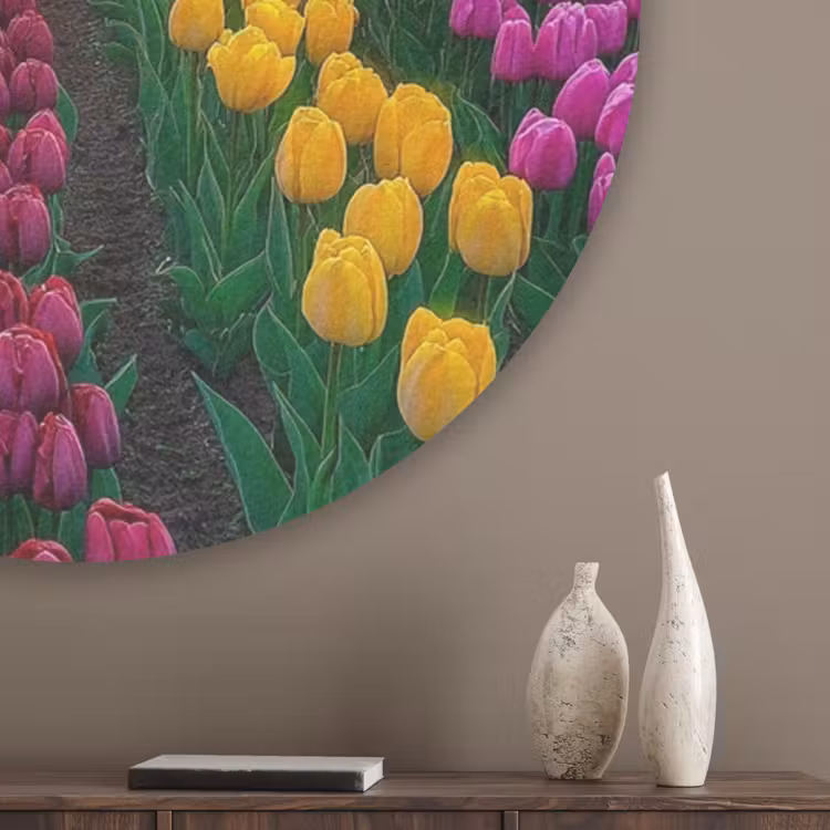 Tulpenveld - Zonsondergang - Kleurrijk Akoestische PET Vilt - Rond klein -sfeer5_closeup