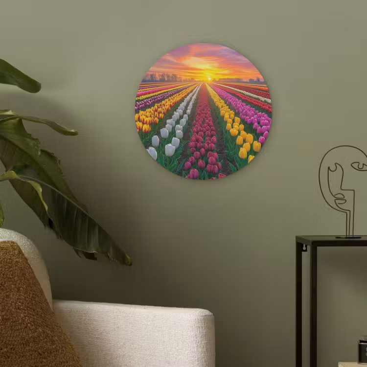 Tulpenveld - Zonsondergang - Kleurrijk Akoestische PET Vilt - Rond klein -sfeer2