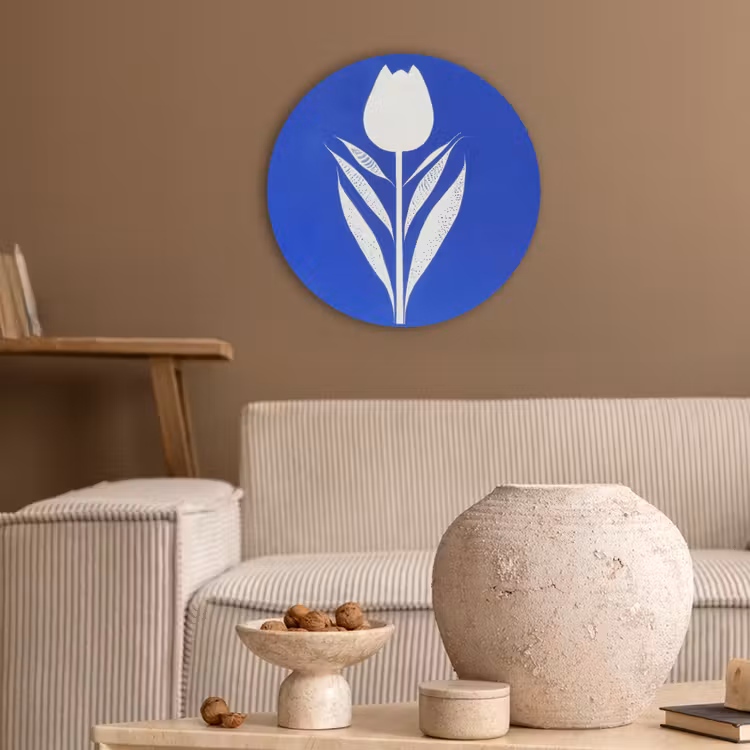 Tulp - Minimalistisch - Bladeren - Wit Akoestische PET Vilt - Rond klein -sfeer1
