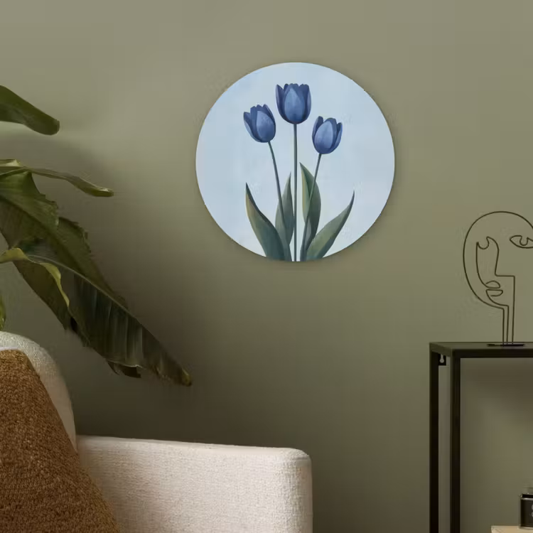 Tulpen - Blauw - Bladeren Akoestische PET Vilt - Rond klein -sfeer2