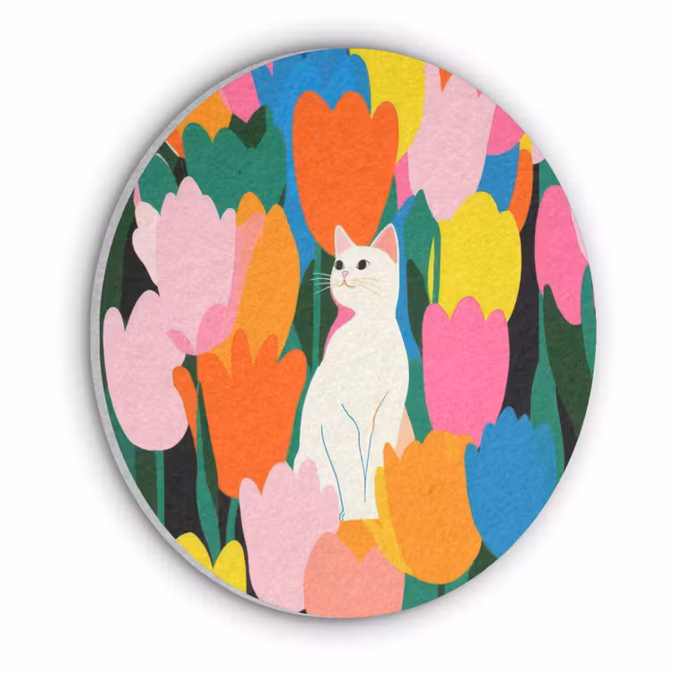 Tulpen - Kat - Kleurrijk Akoestische PET Vilt - Rond klein -3d