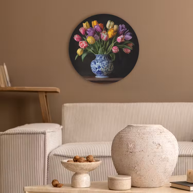 Tulpen - Kleuren - Hout - Vaas Akoestische PET Vilt - Rond klein -sfeer1