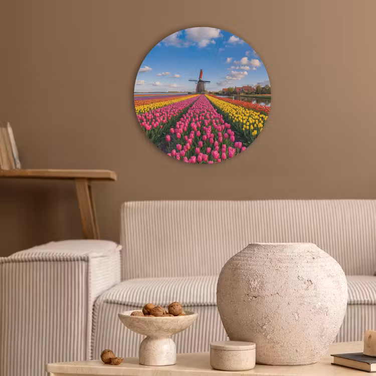 Tulpen - Holland - Molen - Kleurrijk Akoestische PET Vilt - Rond klein -sfeer1