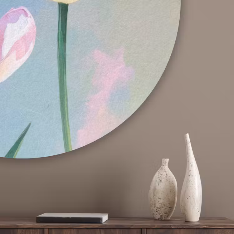 Tulpen - Roze accenten - Blauw Akoestische PET Vilt - Rond klein -sfeer5_closeup
