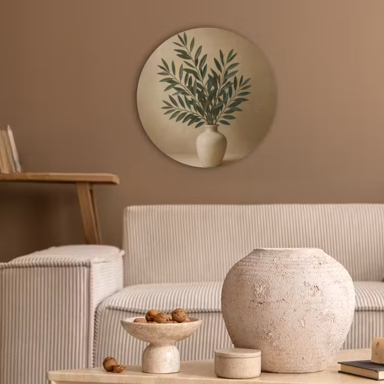 Vaas - Olijftakken - Bladeren - Beige Akoestische PET Vilt - Rond klein -sfeer1
