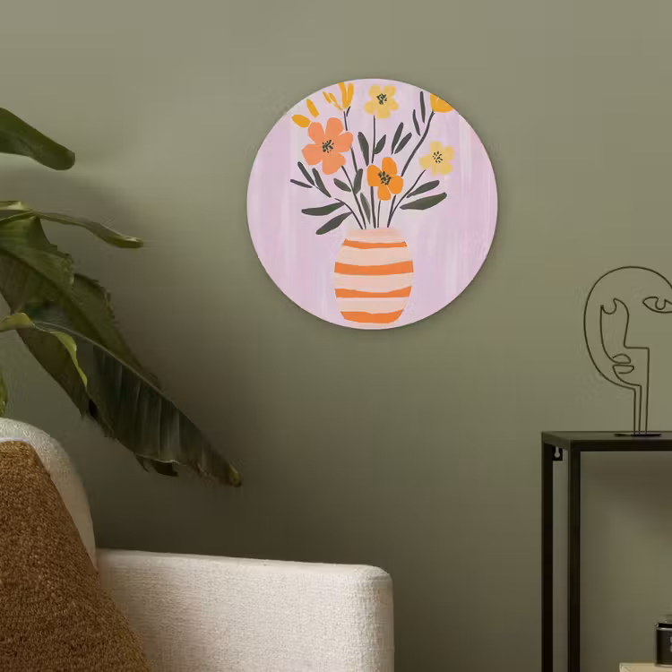 Vaas - Gestreept - Bloemen - Oranje Akoestische PET Vilt - Rond klein -sfeer2