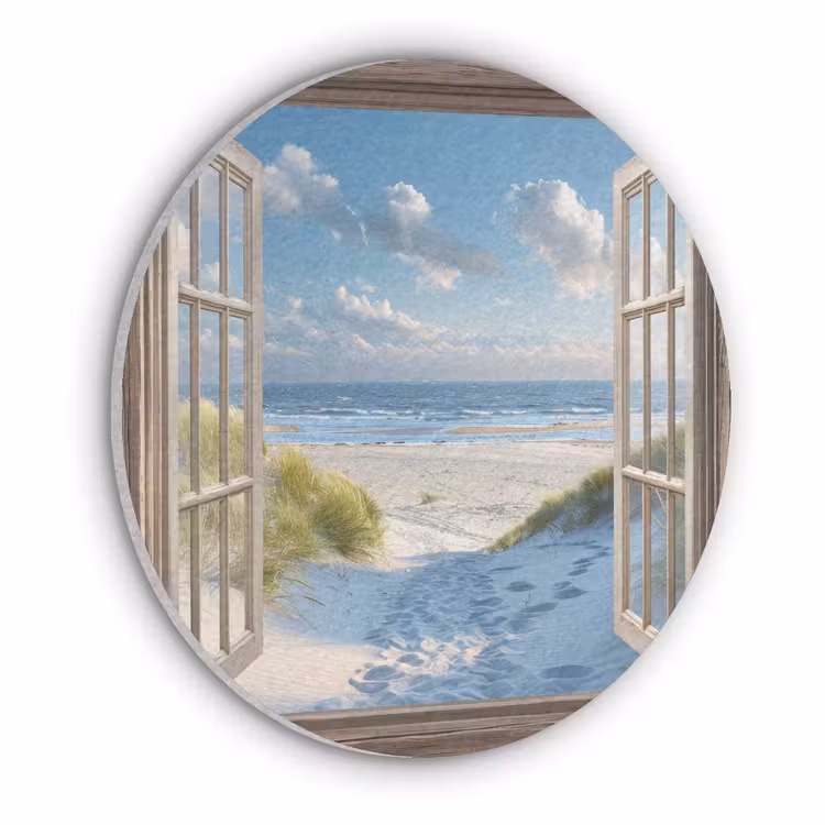 Doorkijk - Strand - Raam - Duinen - Zee Akoestische PET Vilt - Rond klein -3d