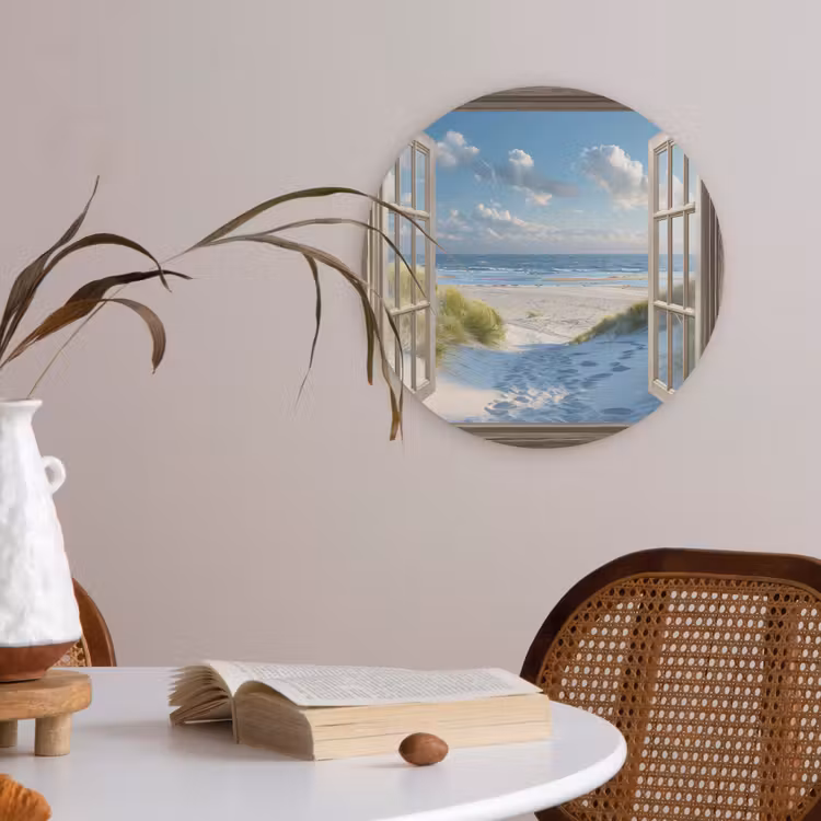 Doorkijk - Strand - Raam - Duinen - Zee Akoestische PET Vilt - Rond klein -sfeer3