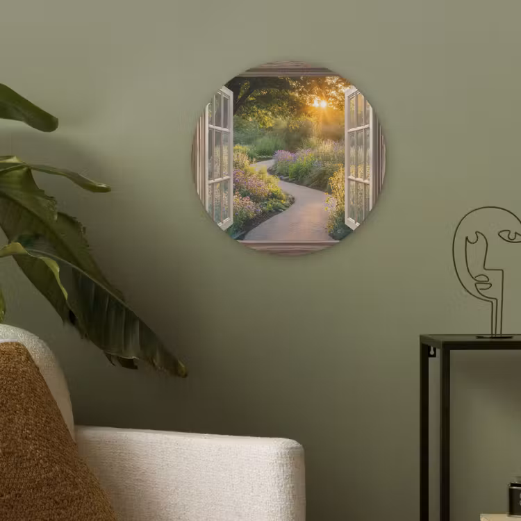 Doorkijk - Bloemen - Natuur - Zon - Pad Akoestische PET Vilt - Rond klein -sfeer2