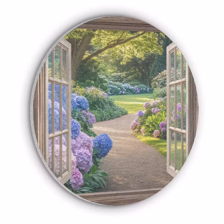 Doorkijk - Tuin - Raam - Hortensia - Bloemen Akoestische PET Vilt - Rond klein -3d