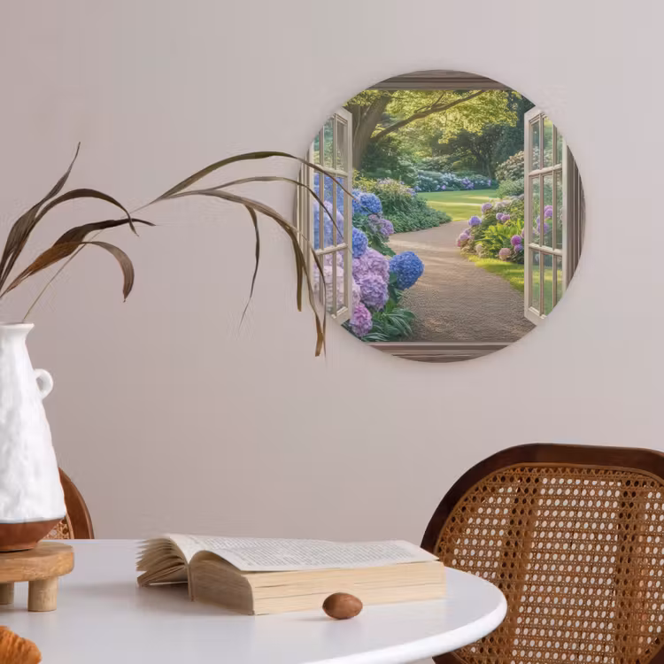 Doorkijk - Tuin - Raam - Hortensia - Bloemen Akoestische PET Vilt - Rond klein -sfeer3