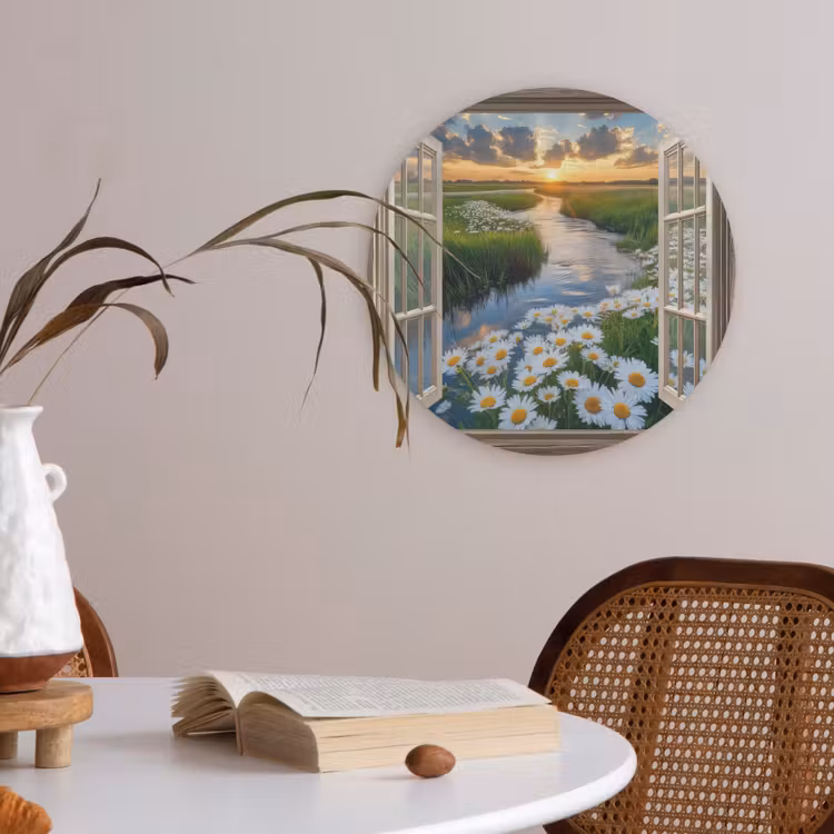 Doorkijk - Landschap - Raam - Water - Zonsondergang Akoestische PET Vilt - Rond klein -sfeer3