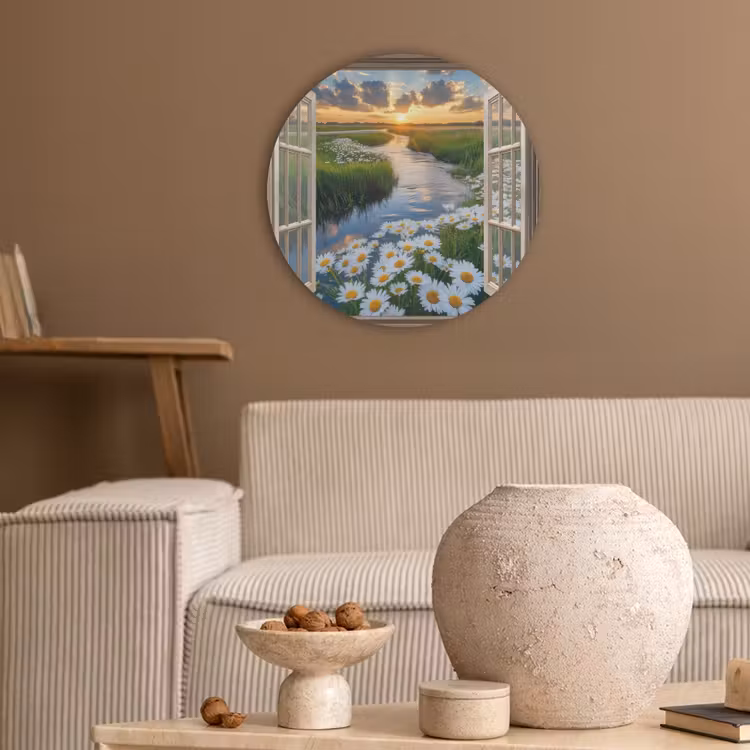 Doorkijk - Landschap - Raam - Water - Zonsondergang Akoestische PET Vilt - Rond klein -sfeer1