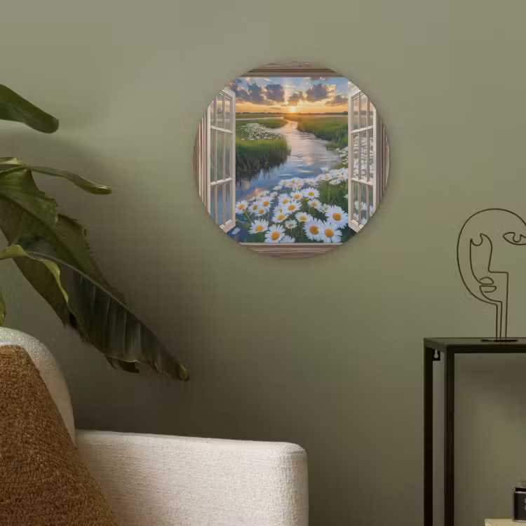 Doorkijk - Landschap - Raam - Water - Zonsondergang Akoestische PET Vilt - Rond klein -sfeer2