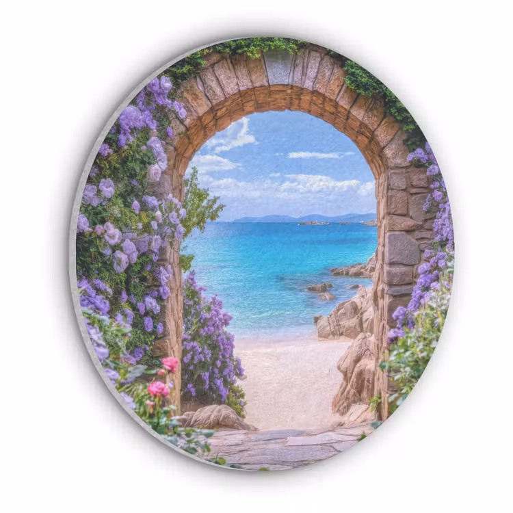 Doorkijk - Poort - Zee - Strand - Rotsen Akoestische PET Vilt - Rond klein -3d