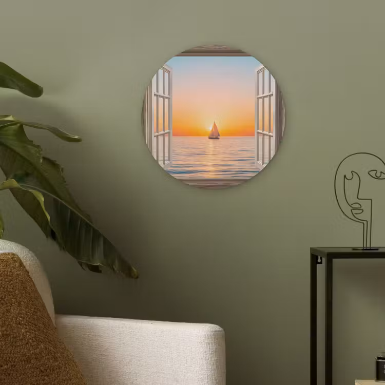 Doorkijk - Zee - Boot - Zonsondergang Akoestische PET Vilt - Rond klein -sfeer2