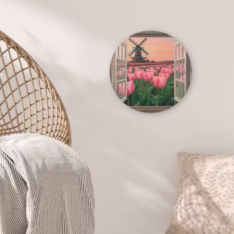 Doorkijk - Tulpen - Bloemen - Molen - Raam Akoestische PET Vilt - Rond klein -sfeer4