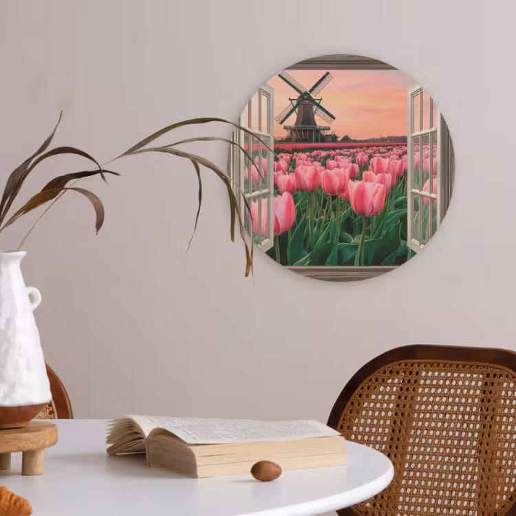 Doorkijk - Tulpen - Bloemen - Molen - Raam Akoestische PET Vilt - Rond klein -sfeer3