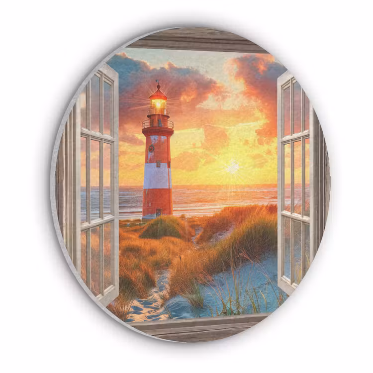 Doorkijk - Raam - Vuurtoren - Zonsondergang - Strand Akoestische PET Vilt - Rond klein -3d