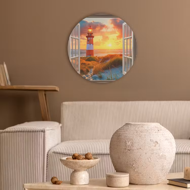 Doorkijk - Raam - Vuurtoren - Zonsondergang - Strand Akoestische PET Vilt - Rond klein -sfeer1