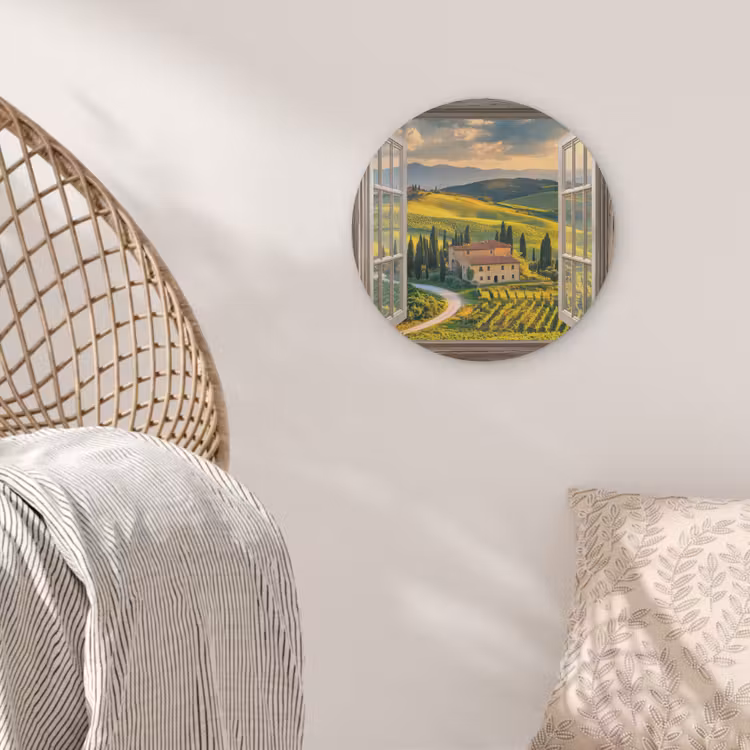 Doorkijk - Toscane - Uitzicht - Landschap - Zomer Akoestische PET Vilt - Rond klein -sfeer4