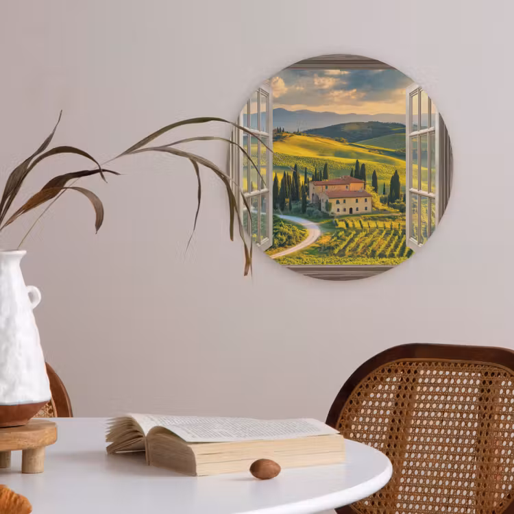 Doorkijk - Toscane - Uitzicht - Landschap - Zomer Akoestische PET Vilt - Rond klein -sfeer3