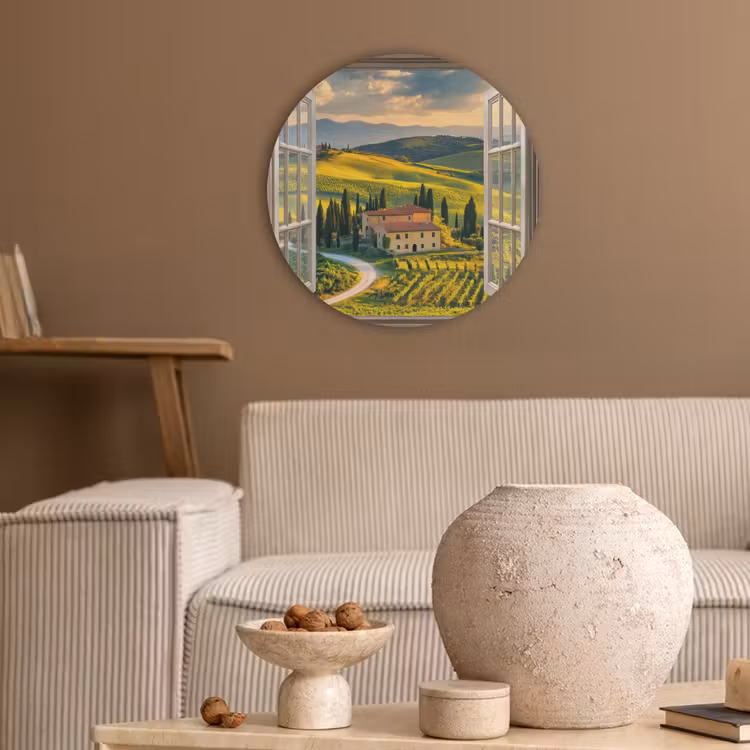 Doorkijk - Toscane - Uitzicht - Landschap - Zomer Akoestische PET Vilt - Rond klein -sfeer1