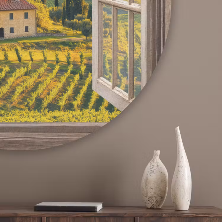 Doorkijk - Toscane - Uitzicht - Landschap - Zomer Akoestische PET Vilt - Rond klein -sfeer5_closeup