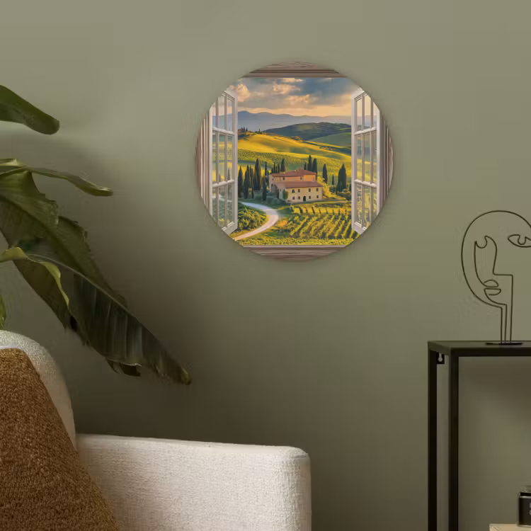 Doorkijk - Toscane - Uitzicht - Landschap - Zomer Akoestische PET Vilt - Rond klein -sfeer2