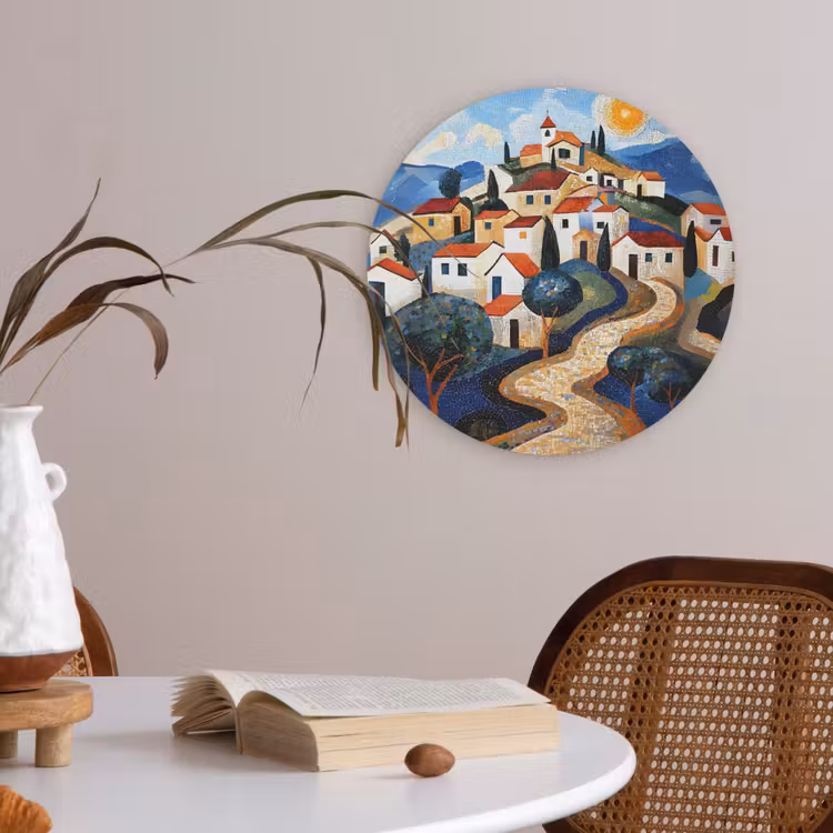 Dorp - Heuvelachtig - Zon - Mozaïek Akoestische PET Vilt - Rond klein -sfeer3