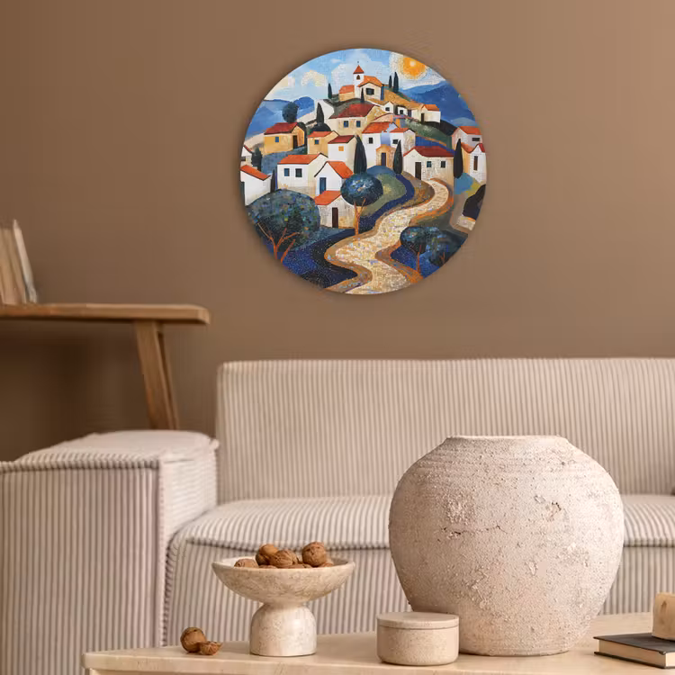 Dorp - Heuvelachtig - Zon - Mozaïek Akoestische PET Vilt - Rond klein -sfeer1