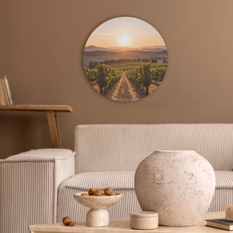 Wijngaard - Zonsondergang - Landschap Akoestische PET Vilt - Rond klein -sfeer1