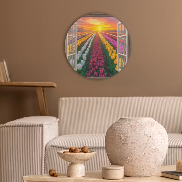 Doorkijk - Bloemen - Tulpen - Kleurrijk - Zonsondergang Akoestische PET Vilt - Rond klein -sfeer1