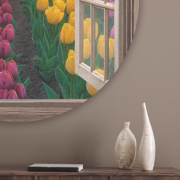 Doorkijk - Bloemen - Tulpen - Kleurrijk - Zonsondergang Akoestische PET Vilt - Rond klein -sfeer5_closeup