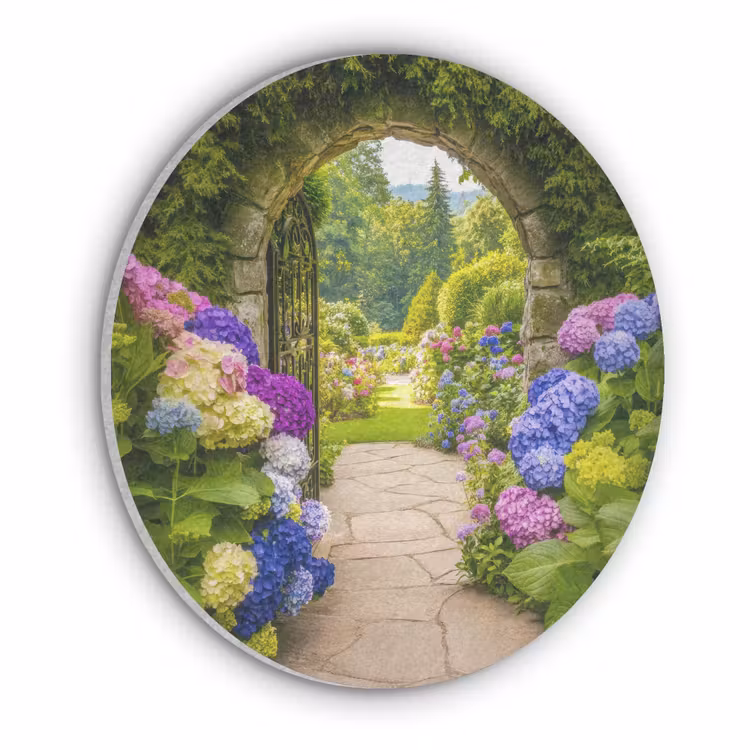 Doorkijk - Poort - Hortensia - Bloementuin Akoestische PET Vilt - Rond klein -3d