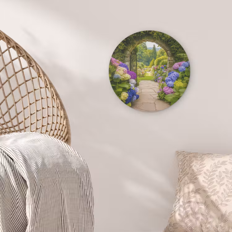 Doorkijk - Poort - Hortensia - Bloementuin Akoestische PET Vilt - Rond klein -sfeer4