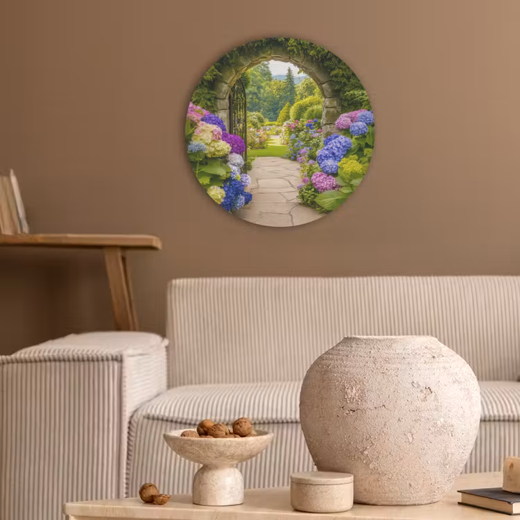 Doorkijk - Poort - Hortensia - Bloementuin Akoestische PET Vilt - Rond klein -sfeer1