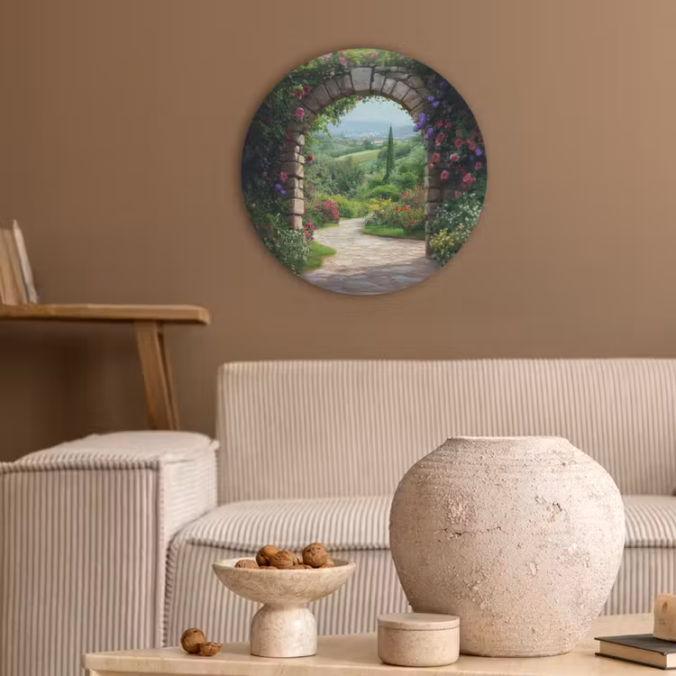Doorkijk - Landschap - Bloemen - Pad - Uitzicht Akoestische PET Vilt - Rond klein -sfeer1