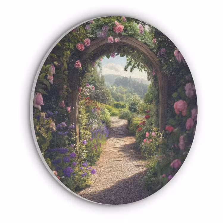 Doorkijk - Landschap - Bloemen - Rozenboog - Natuur Akoestische PET Vilt - Rond klein -3d