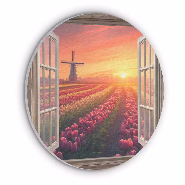 Doorkijk - Tulpen - Zonsondergang - Bloemen - Kleurrijk Akoestische PET Vilt - Rond klein -3d