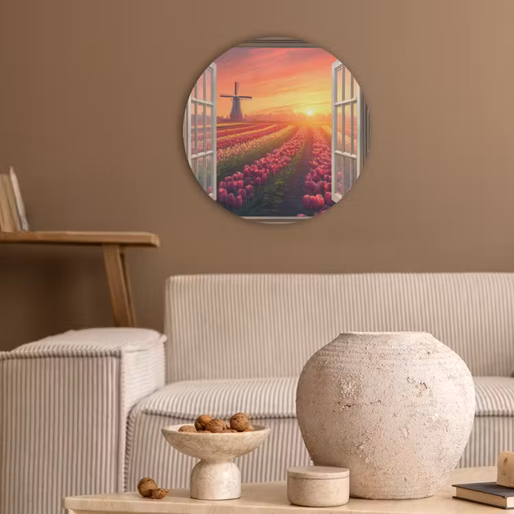 Doorkijk - Tulpen - Zonsondergang - Bloemen - Kleurrijk Akoestische PET Vilt - Rond klein -sfeer1