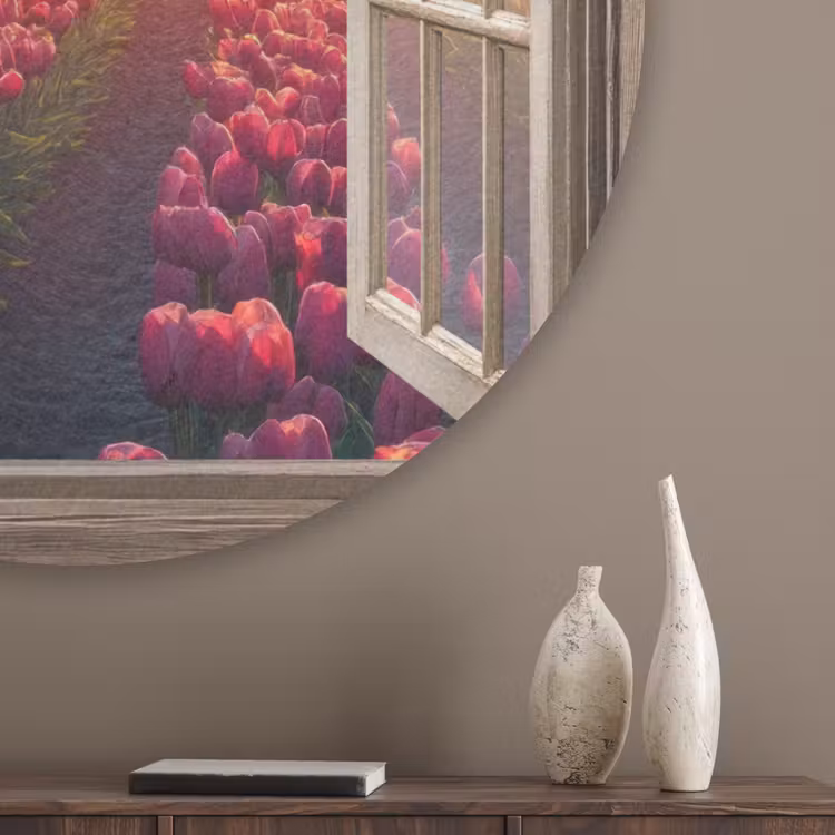 Doorkijk - Tulpen - Zonsondergang - Bloemen - Kleurrijk Akoestische PET Vilt - Rond klein -sfeer5_closeup
