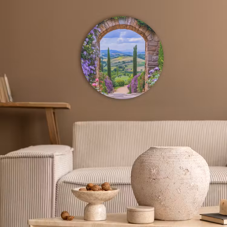 Doorkijk - Toscane - Landschap - Poort Akoestische PET Vilt - Rond klein -sfeer1