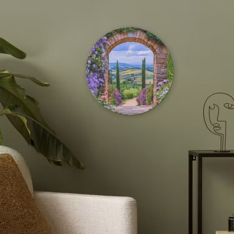 Doorkijk - Toscane - Landschap - Poort Akoestische PET Vilt - Rond klein -sfeer2