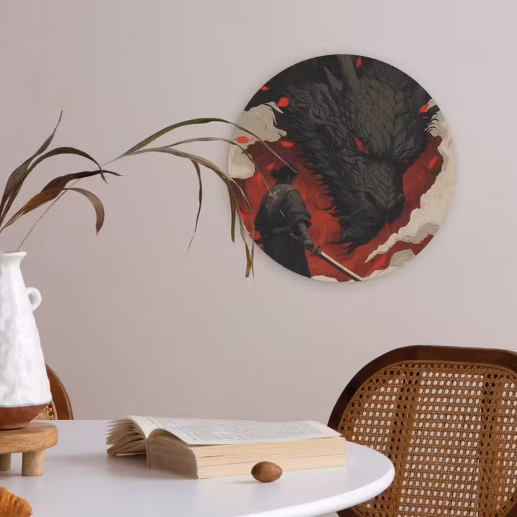 Krijger - Draak - Zwart - Rood - Rook Akoestische PET Vilt - Rond klein -sfeer3