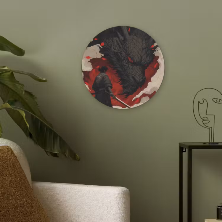 Krijger - Draak - Zwart - Rood - Rook Akoestische PET Vilt - Rond klein -sfeer2