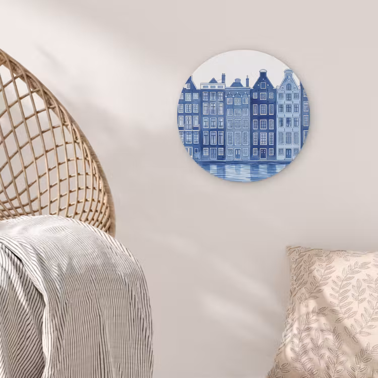 Aquarel - Grachtenpanden - Delfts - Blauw Akoestische PET Vilt - Rond klein -sfeer4