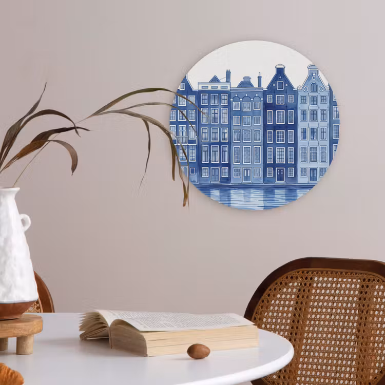 Aquarel - Grachtenpanden - Delfts - Blauw Akoestische PET Vilt - Rond klein -sfeer3