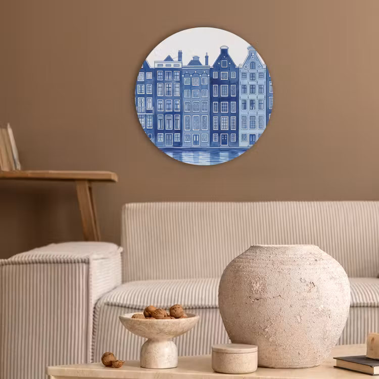 Aquarel - Grachtenpanden - Delfts - Blauw Akoestische PET Vilt - Rond klein -sfeer1